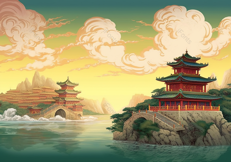 国潮中国风古建筑水城插画,插画/手绘图,插画/手绘图库,插画/手绘图下载,插画/手绘